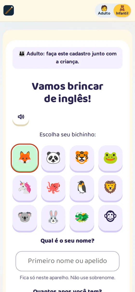 Área infantil do Self-Made English no celular: escolha do bichinho e do nome da criança.