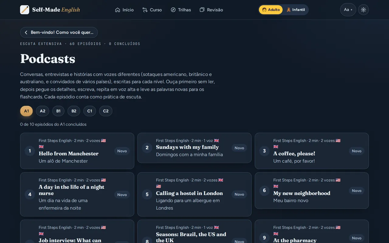 Página de podcasts do Self-Made English no tema escuro, com episódios do nível A1.