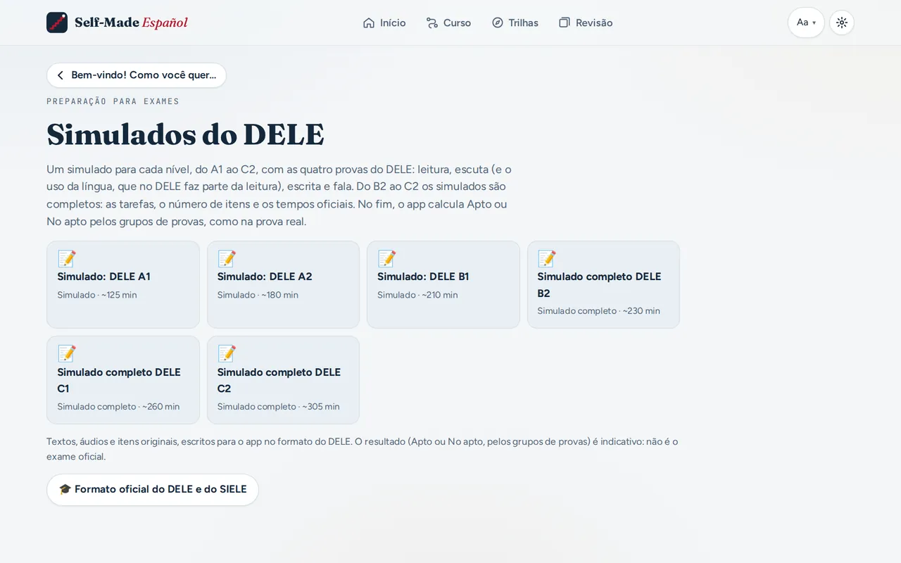 Lista de simulados do DELE do A1 ao C2 no Self-Made Español, com a duração de cada simulado.