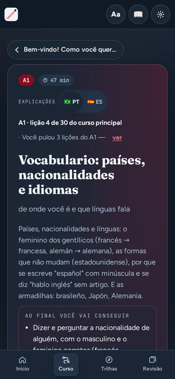 Lição de vocabulário sobre países e nacionalidades do Self-Made Español no celular, tema escuro.
